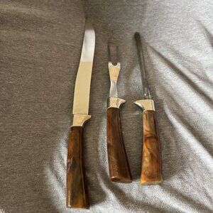 Vtg Sheffield England Warwick 3 Piece Cutlery Carving Set Tortoise Shell Handle